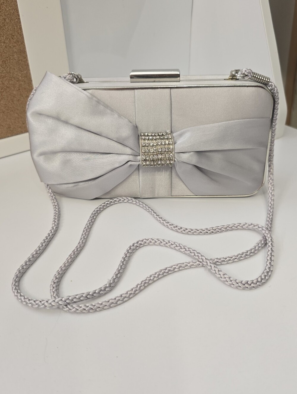 Kate Landry Silver Satin Bow Clutch with Rhinestone Center
